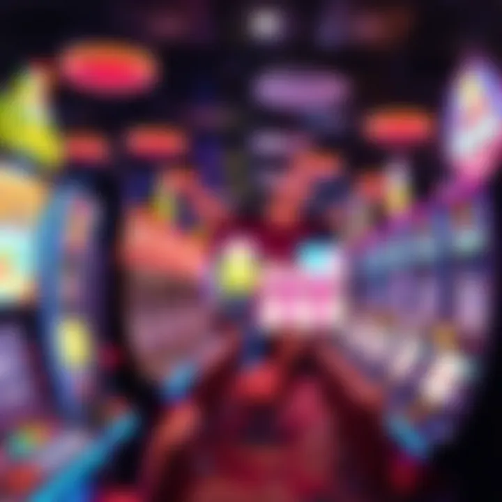 A vibrant illustration of a virtual casino filled with slot machines