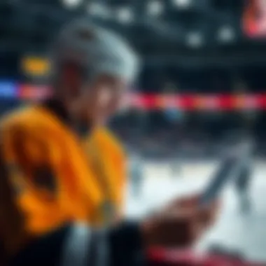 A hockey player analyzing game statistics on a digital tablet